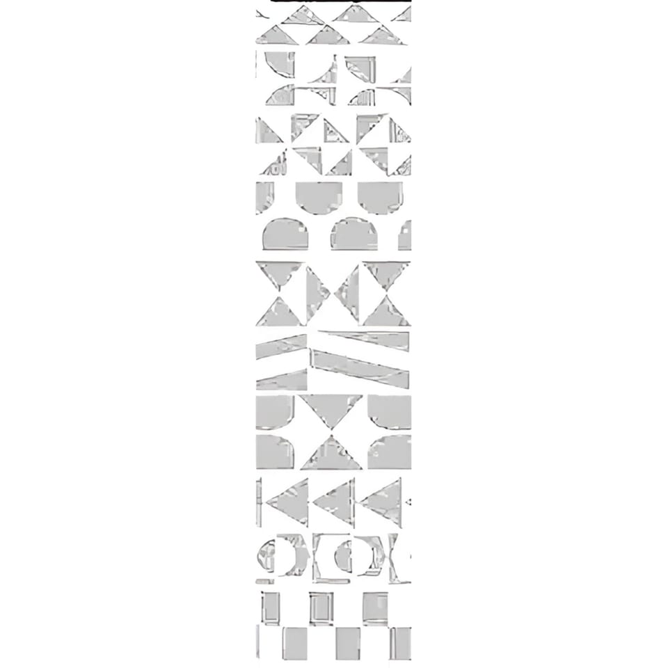 A white background with a vertical column of abstract, geometric shapes in light gray.