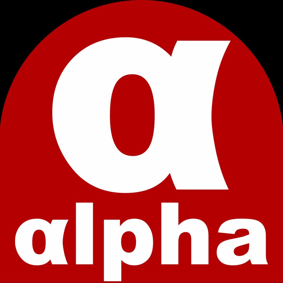 Alpha Gyro Grill logo with a large white Greek letter alpha and the word "alpha" below it on a red background.