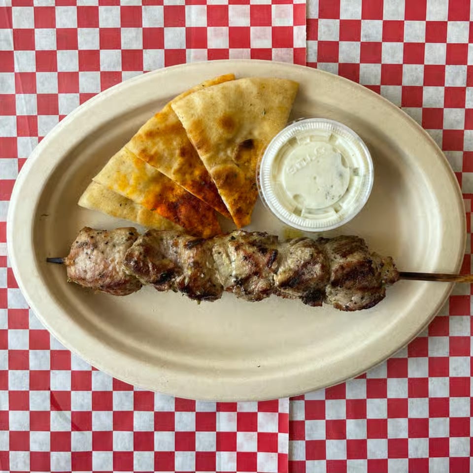 Grilled chicken souvlaki skewer, pita bread, and tzatziki sauce on a plate at Alpha Gyro Grill.