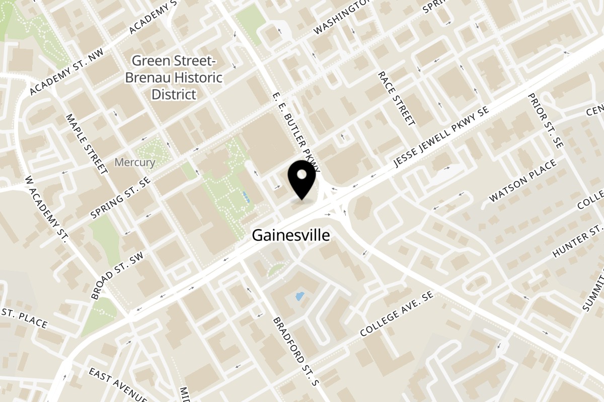 Map showing the location of Alpha Gyro Grill on 215 Jesse Jewell Pkwy SE in Gainesville
